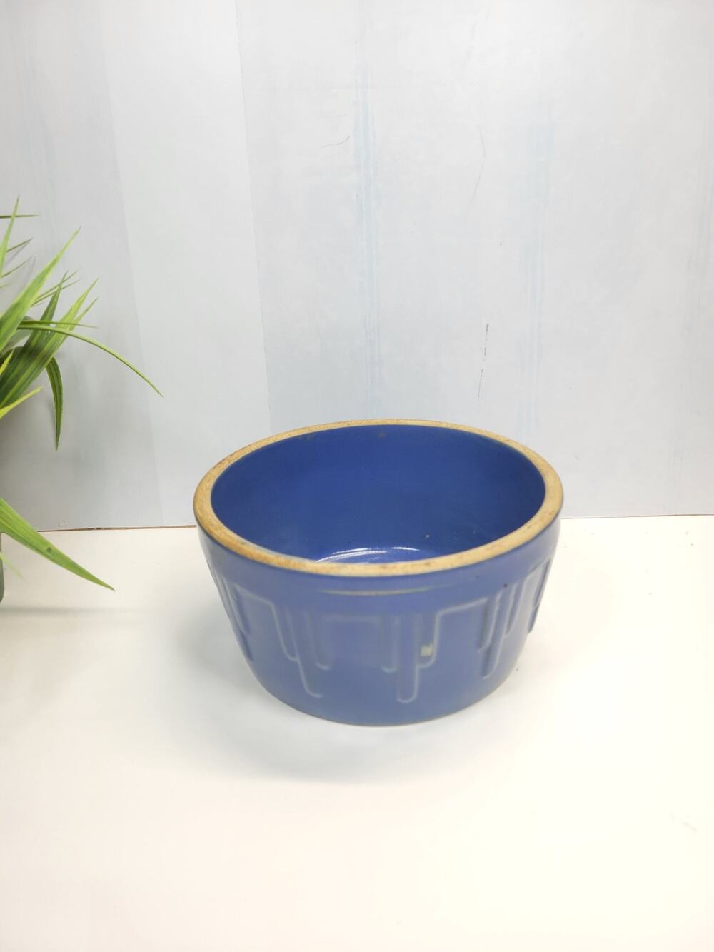 Vintage Style Blue Stoneware Mixing Bowl Picket Fence Crock Retro Kitchen Decor